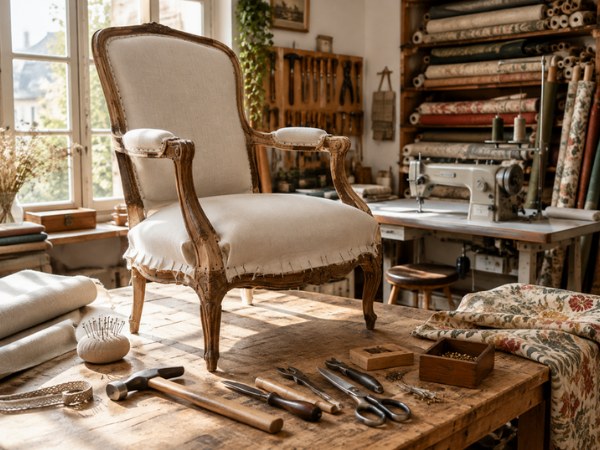 Atelier de tapisserie : fauteuil sur l’établi, machine à coudre et outils