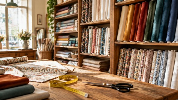 La boutique : rouleaux de tissus sur les étagères et table de coupe