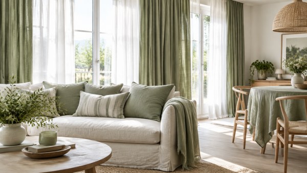 Salon avec rideaux sur mesure en lin vert sauge et coussins assortis