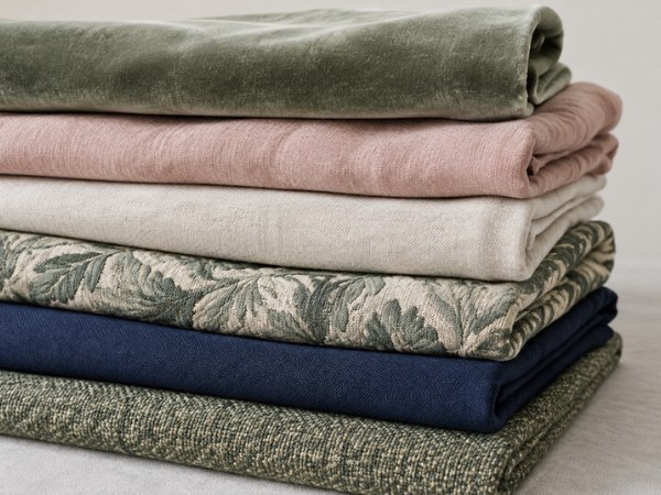 Pile de tissus d’ameublement : velours, lin, jacquard